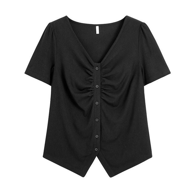 Short-Sleeve V-Neck Plain Ruched Button T-Shirt