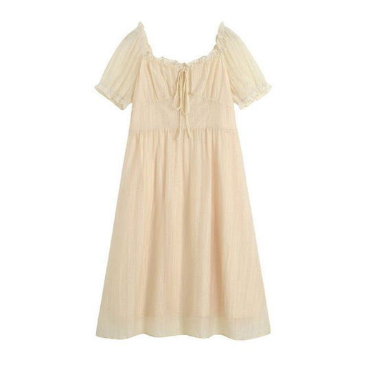 Short-Sleeve Square Neck Plain Frill Tie Front Midi A-Line Dress