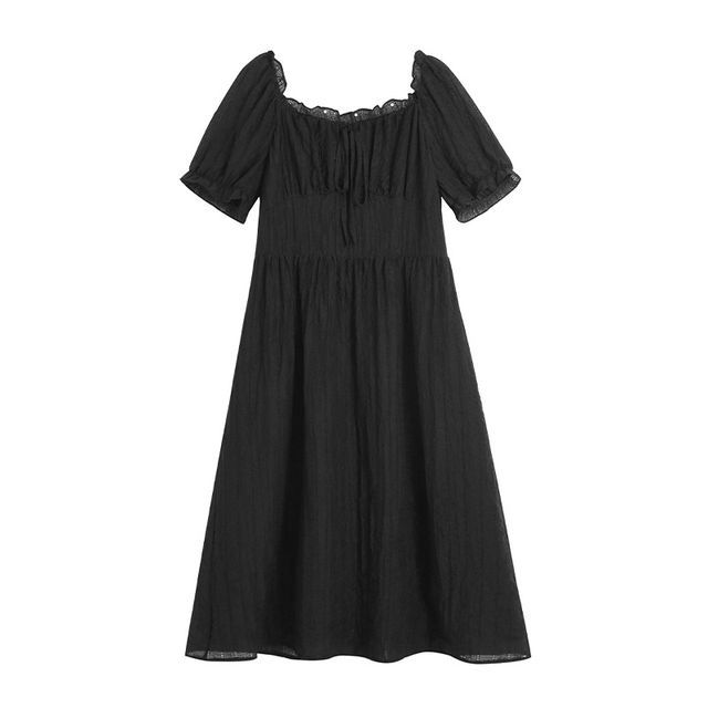 Short-Sleeve Square Neck Plain Frill Tie Front Midi A-Line Dress