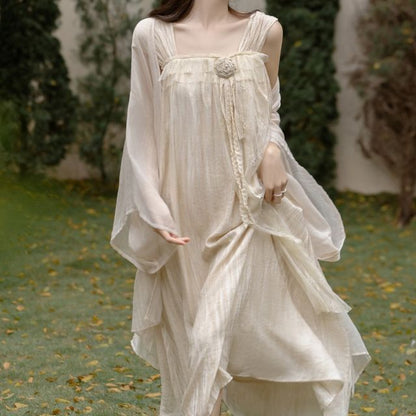 Light Jacket / Sleeveless Midi A-Line Dress / Set