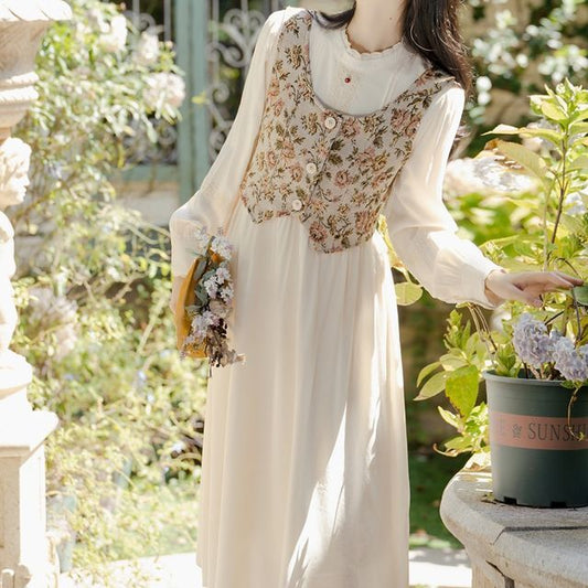 Set: Long-Sleeve Plain Midi Dress + Sleeveless Floral Print Button-Up Top