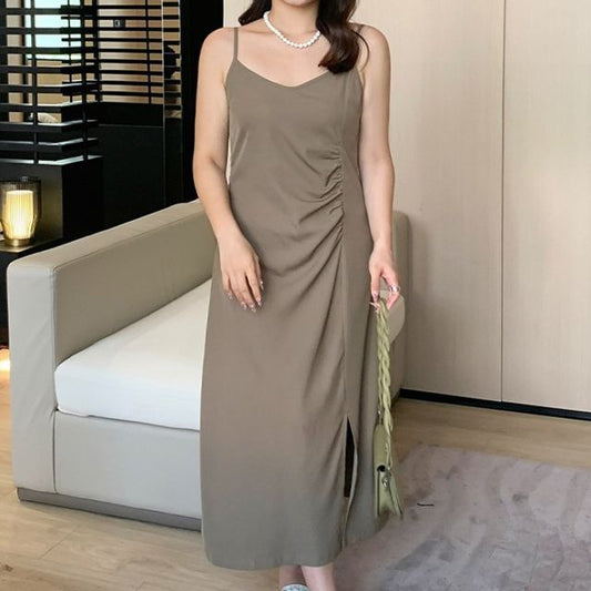 Spaghetti Strap Plain Ruched Slit Midi A-Line Dress