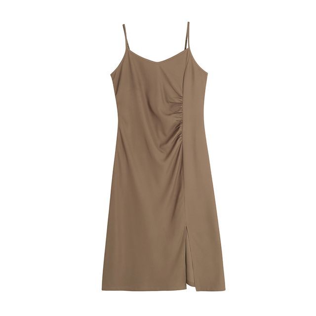 Spaghetti Strap Plain Ruched Slit Midi A-Line Dress