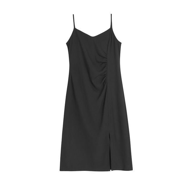 Spaghetti Strap Plain Ruched Slit Midi A-Line Dress