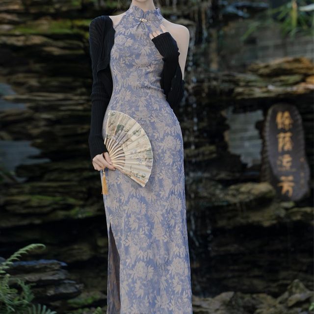 Sleeveless Floral Midi Qipao / Plain Cardigan / Set
