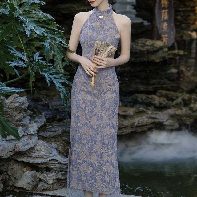 Sleeveless Floral Midi Qipao / Plain Cardigan / Set