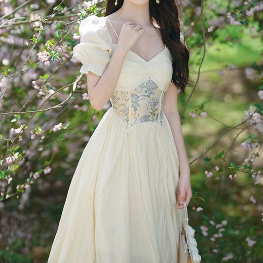 Short-Sleeve Floral Panel Midi A-Line Corset Dress