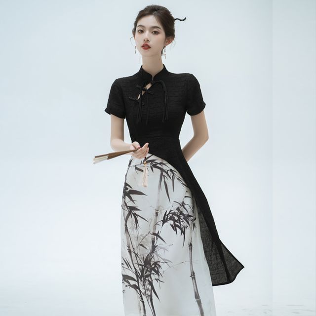 Mock Two-Piece Short-Sleeve Mandarin Collar Bamboo Print Panel Midi Sheath Dress