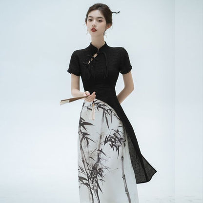 Mock Two-Piece Short-Sleeve Mandarin Collar Bamboo Print Panel Midi Sheath Dress