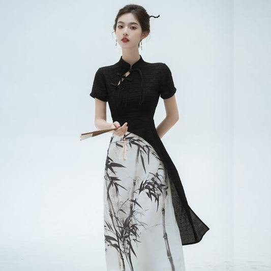 Mock Two-Piece Short-Sleeve Mandarin Collar Bamboo Print Panel Midi Sheath Dress