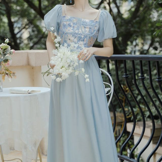 Short-Sleeve Square Neck Lace Midi A-Line Dress