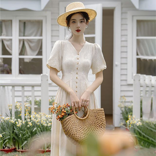 Short-Sleeve V-Neck Plain Button Gathered Slit Midi A-Line Dress