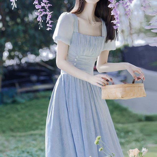 Short-Sleeve Square Neck Floral Print Ruched Midi A-Line Dress