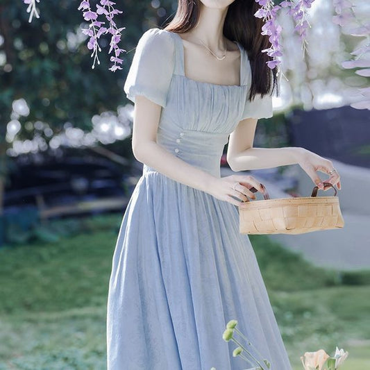 Short-Sleeve Square Neck Floral Print Ruched Midi A-Line Dress