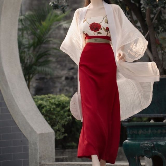 Set: Floral Print Camisole Top + Plain Midi Hanfu Jacket + High Waist Tie-Waist Maxi A-Line Skirt