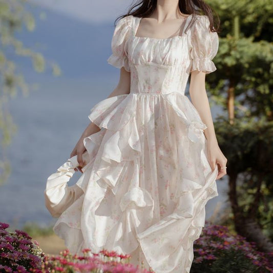 Short-Sleeve Square Neck Floral Maxi A-Line Dress
