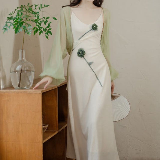 Set: Spaghetti Strap Flower Midi A-Line Dress + Light Jacket