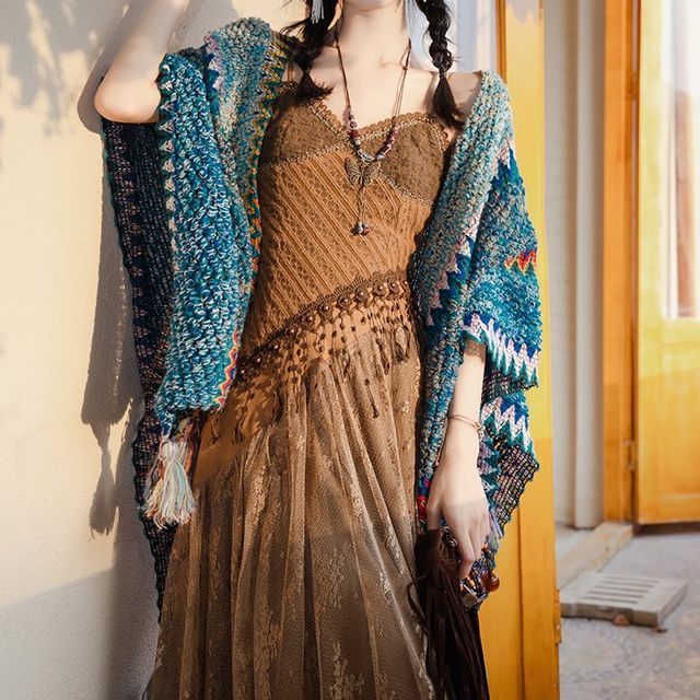 Spaghetti Strap V-Neck Lace Midi A-Line Dress / Pattern Shawl / Set