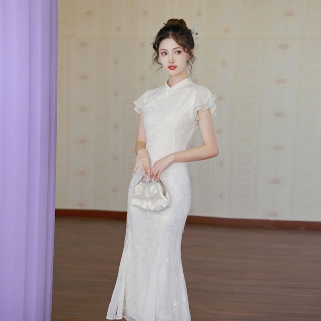 Cap-Sleeve Stand Collar Lace Maxi Mermaid Dress