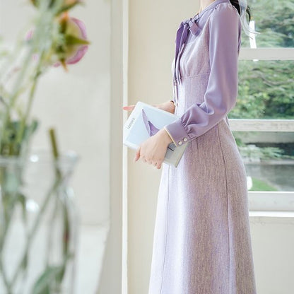 Long-Sleeve Tie-Neck Mock Two-Piece Faux Pearl Buttoned Midi A-Line Dress