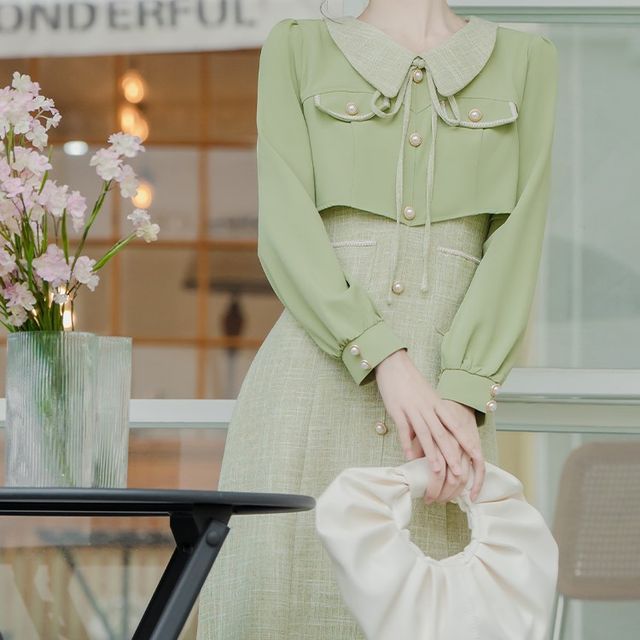 Long-Sleeve Collared Mock Two-Piece Tweed Panel Faux Pearl Buttoned Midi A-Line Dress