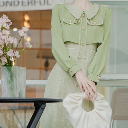 Long-Sleeve Collared Mock Two-Piece Tweed Panel Faux Pearl Buttoned Midi A-Line Dress