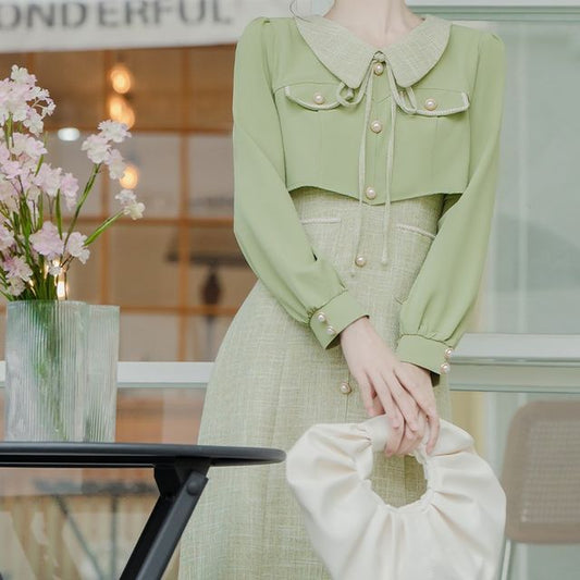Long-Sleeve Collared Mock Two-Piece Tweed Panel Faux Pearl Buttoned Midi A-Line Dress