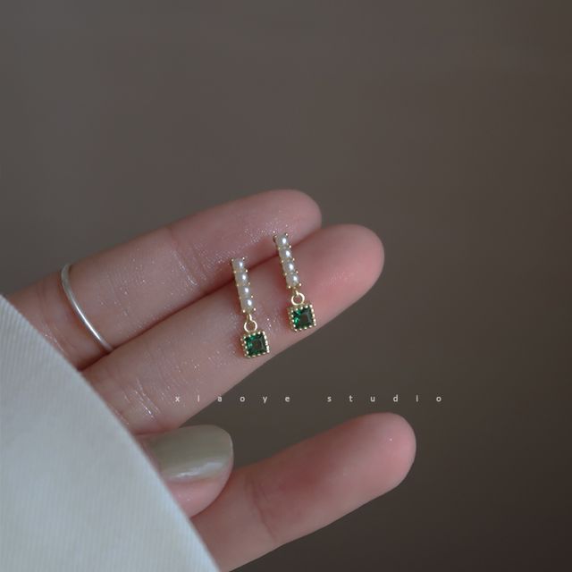 Drop Alloy Earring Rhinestone Square Faux Pearl