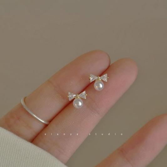 Bow Pearl Earring Sterling Rhinestone Silver Faux Stud