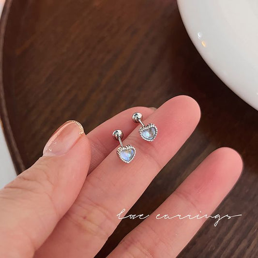 Silver Barbell Earring Heart Moonstone Sterling