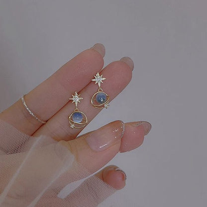 Stone Faux Cat Eye Drop Star Rhinestone Planet Earring Alloy