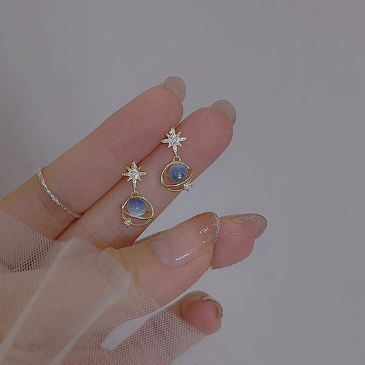 Stone Faux Cat Eye Drop Star Rhinestone Planet Earring Alloy