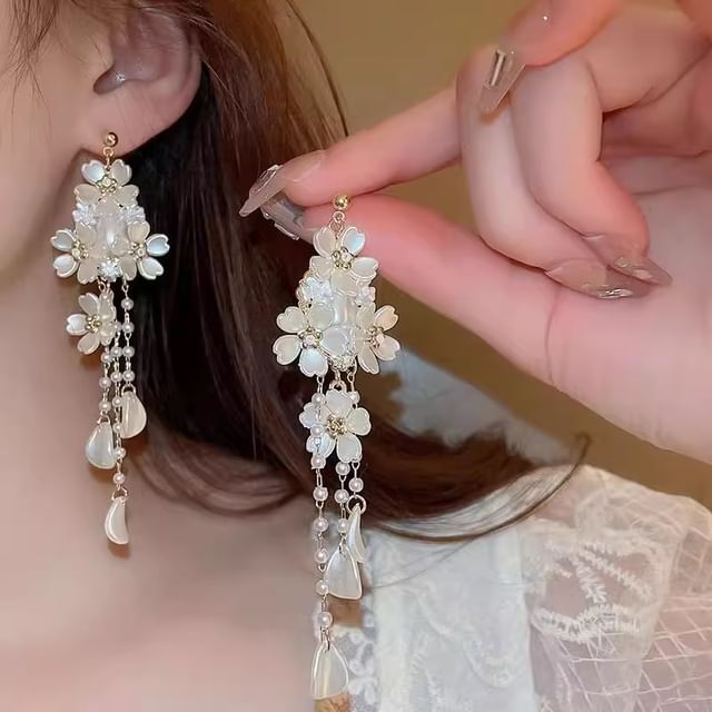 Earring Floral Chandelier Pearl Faux Alloy