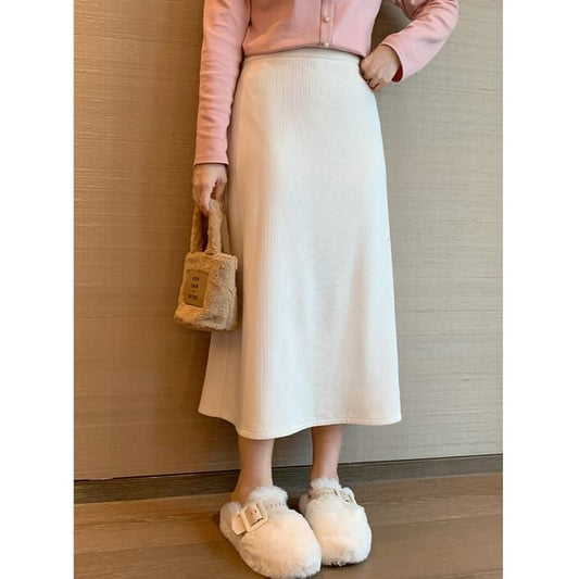 High Waist Plain Slit Midi A-Line Skirt