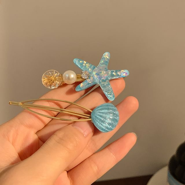 Faux Hair Shell Clip Pearl Starfish / Resin