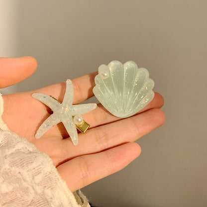 Faux Hair Shell Clip Pearl Starfish / Resin