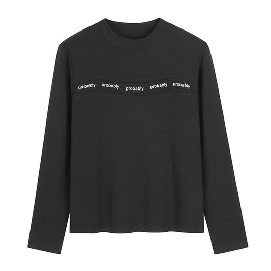 Long-Sleeve Mock Neck Lettering Print T-Shirt