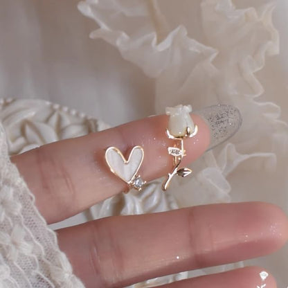 Rose Rhinestone Stud Alloy Heart Asymmetrical Earring