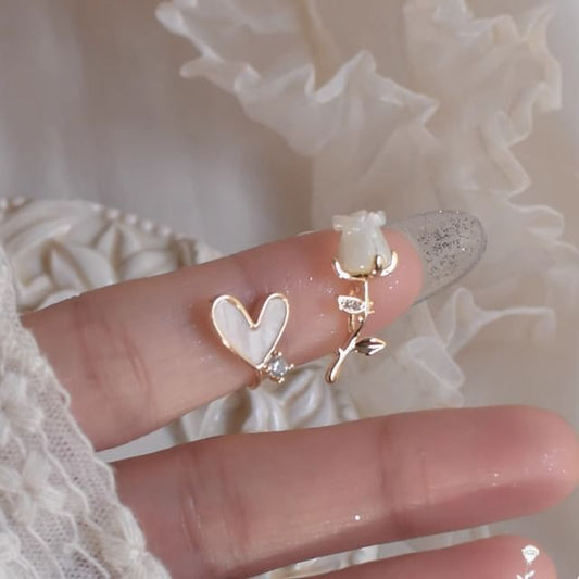 Rose Rhinestone Stud Alloy Heart Asymmetrical Earring