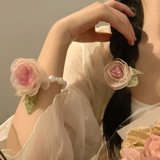Clip Faux Scrunchie Pearl Hair Designs) Rose / Mesh Tie (Various Clamp