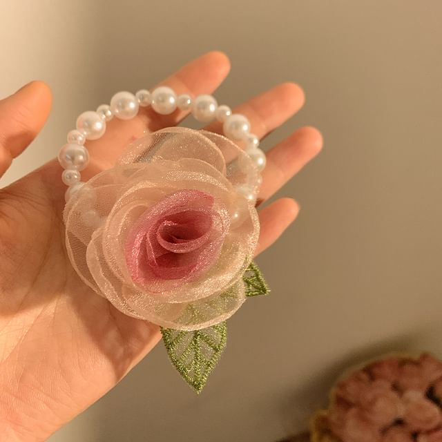 Clip Faux Scrunchie Pearl Hair Designs) Rose / Mesh Tie (Various Clamp