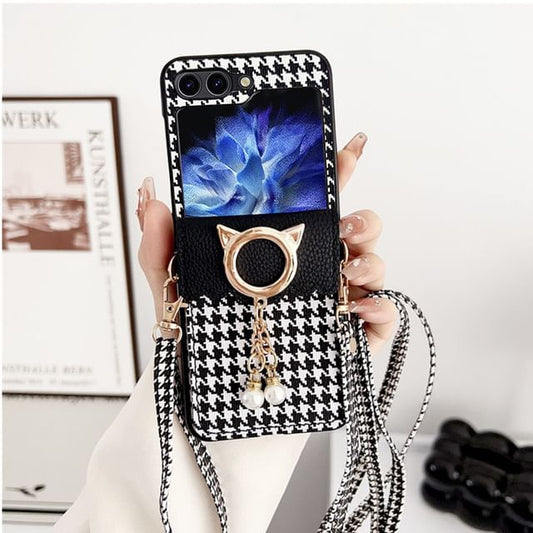 Faux Phone Pearl Cat Houndstooth Lanyard Case