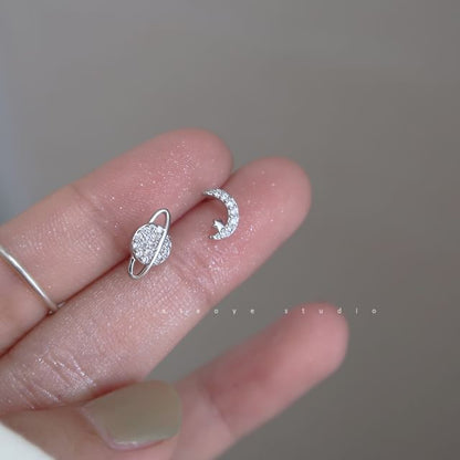 Earring Rhinestone Moon Sterling Silver Stud Asymmetrical