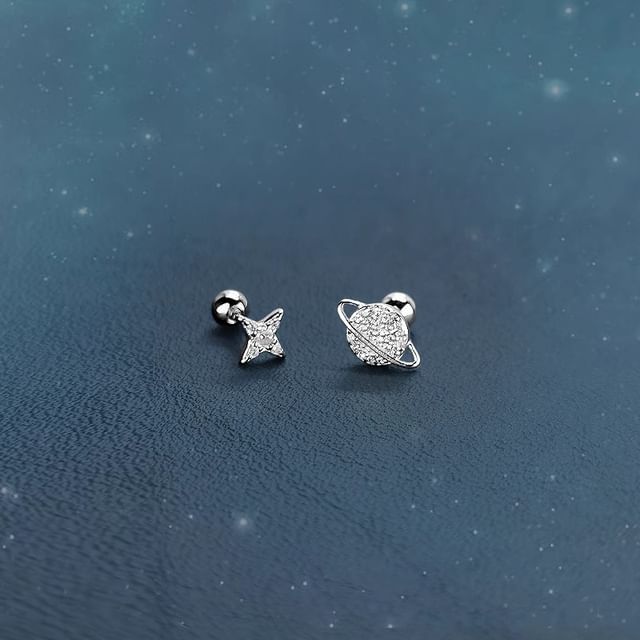 Barbell Star Asymmetrical Rhinestone Sterling Silver Earring