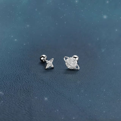 Barbell Star Asymmetrical Rhinestone Sterling Silver Earring
