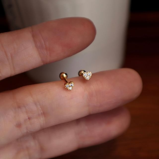 Sterling Heart Silver Earring Barbell Rhinestone