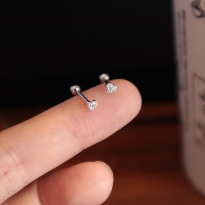 Sterling Heart Silver Earring Barbell Rhinestone