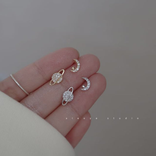 Earring Rhinestone Moon Sterling Silver Stud Asymmetrical