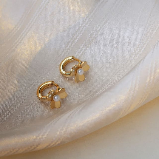 Pearl Silver Earring Huggie Faux Sterling Flower