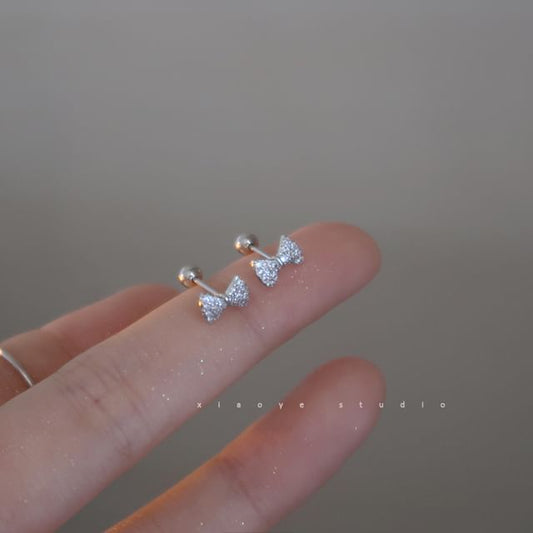 Earring Rhinestone Silver Barbell Bow Sterling